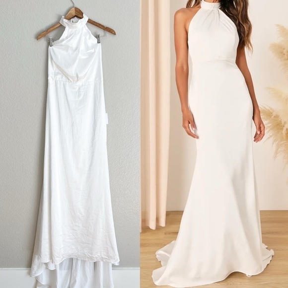 Eternity Together White Satin Halter Mermaid Maxi Dress